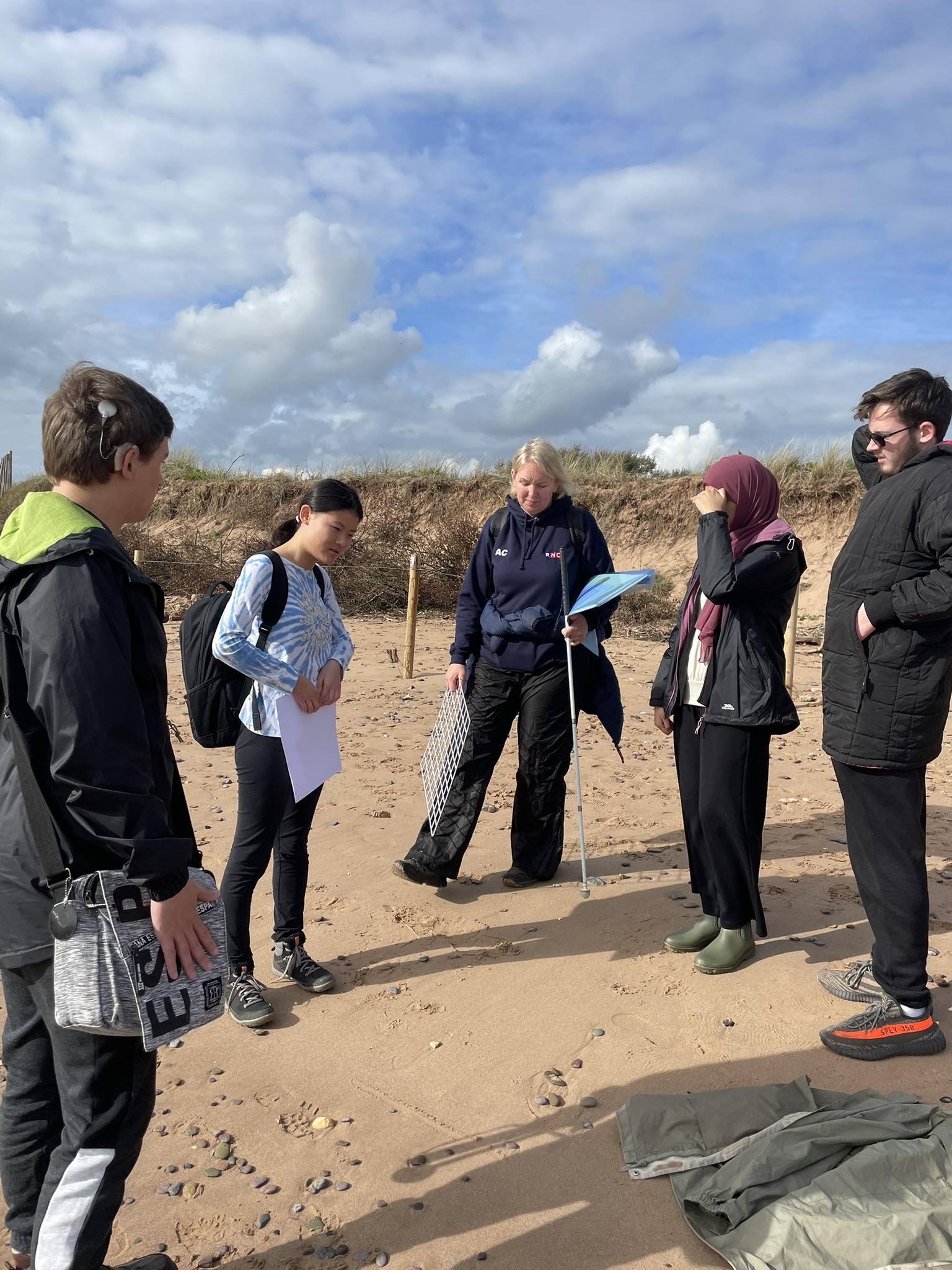 A group of students on the beach about to do a survey.