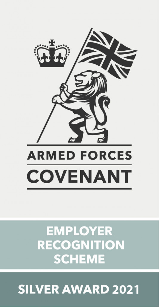 Armed Forces covenant logo which has a lion on it's hind legs holding a flag