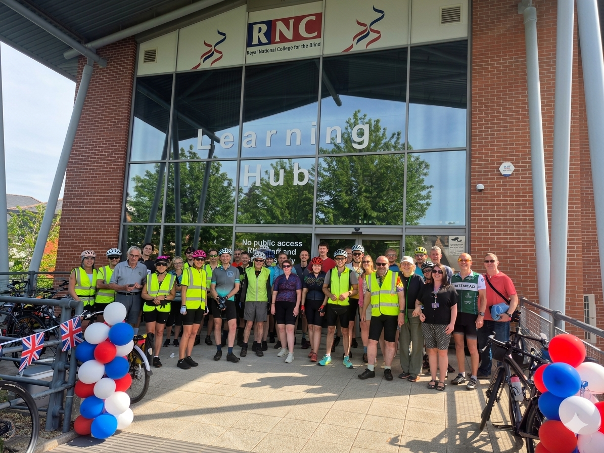 The group of cyclists stand in front of the College's Learning Hub entrance with the giant RNC logo above. It's a bright sunny day with bikes and balloons also in the scene