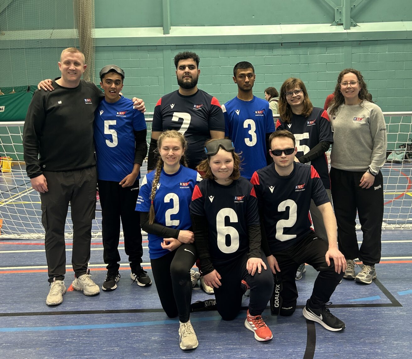 Aaron Ford (RNC Academy Coach), Nikhil Kamath (RNC Academy), Shabaz Mahmood (RNC Hereford), Ishaq Islam (RNC Academy), Lewis Tandy (RNC Hereford), Antonia Bunyan (RNC Hereford Coach) Front row L-R: Tegan Booth (RNC Academy), Skye Heuting (RNC Hereford), James Bate (RNC Hereford)