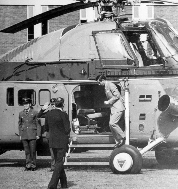 Prince Charles vists in 1979, arriving in style by a helicopter.