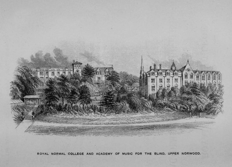 Illustration of Upper Norwood and the gardens. Text written at the bottoms says Royal Normal College of Music for the Blind, Upper Norwood.