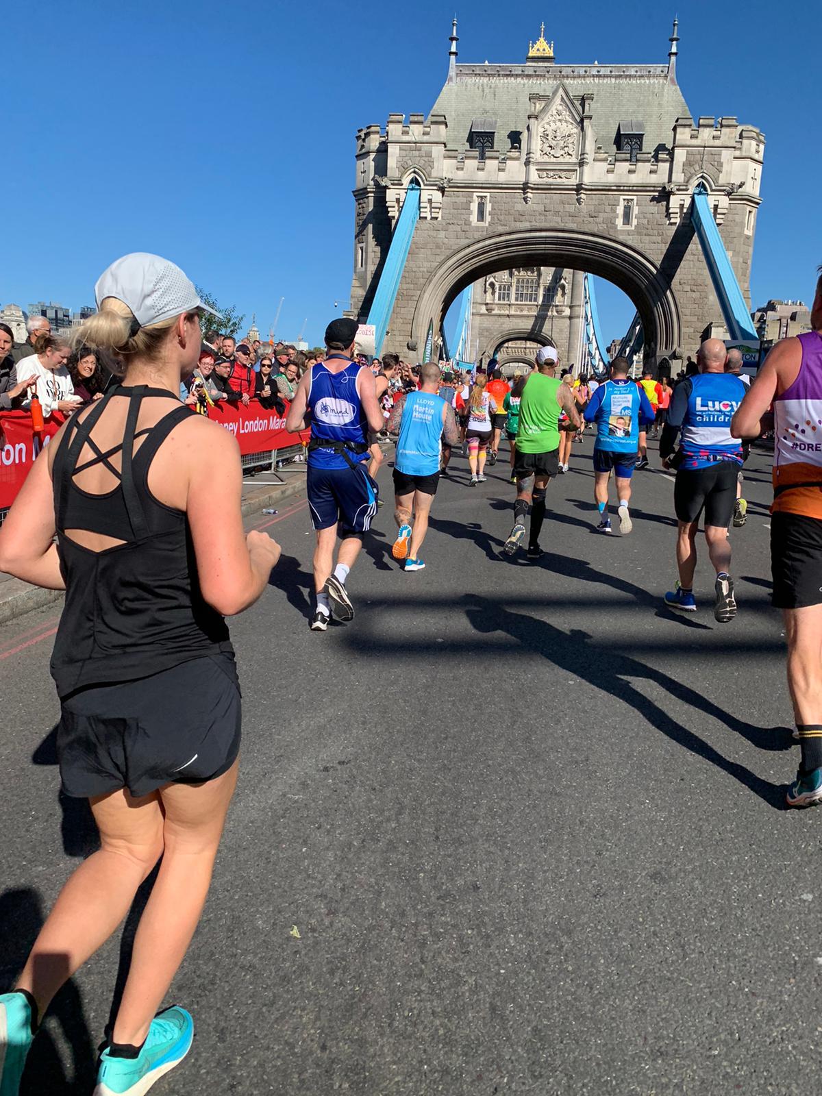 Tara running over Tower Bridge in London