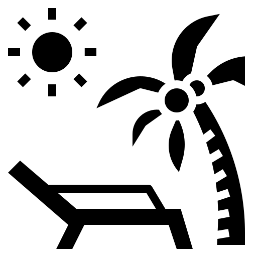 a graphic of a sunbed, palm tree, and sun