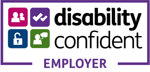 a logo in purple and green with text Disability Confident Employer