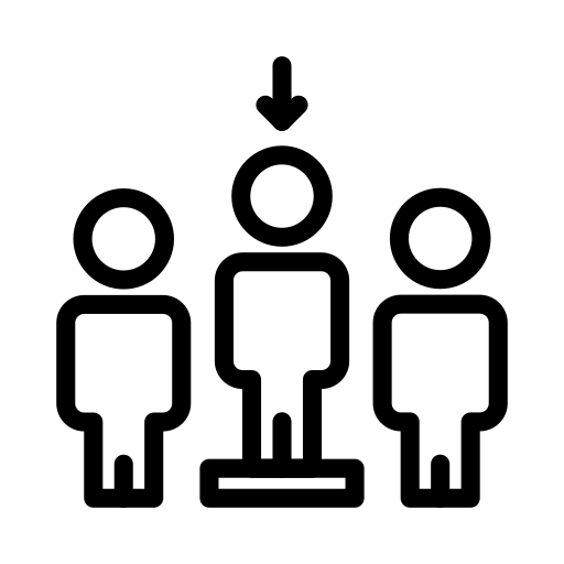 a graphic of 3 people with an arrow pointing at the centre person